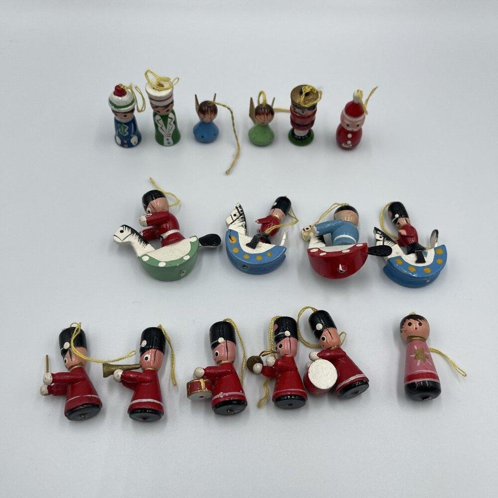 Mini Wood Hand Crafted Vintage Christmas Ornaments Lot of 16 Figurines